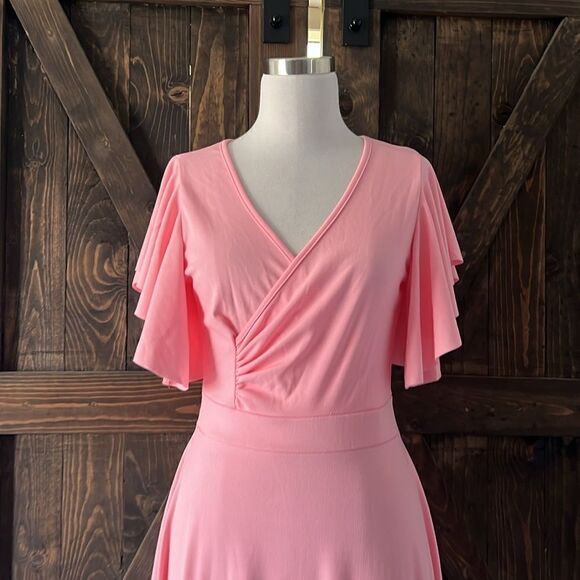 LYANER Warp V Neck Ruffle Short Sleeve A Line Swing Flared Cocktail Party Midi - Picture 2 of 10